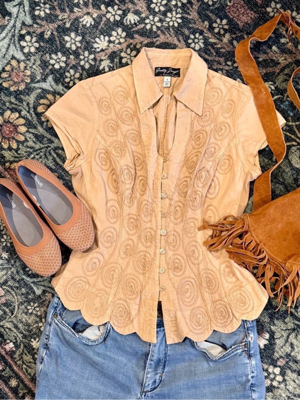 Vintage Gretty Zueger Peach Scalloped Button-Front Short Sleeve Blouse